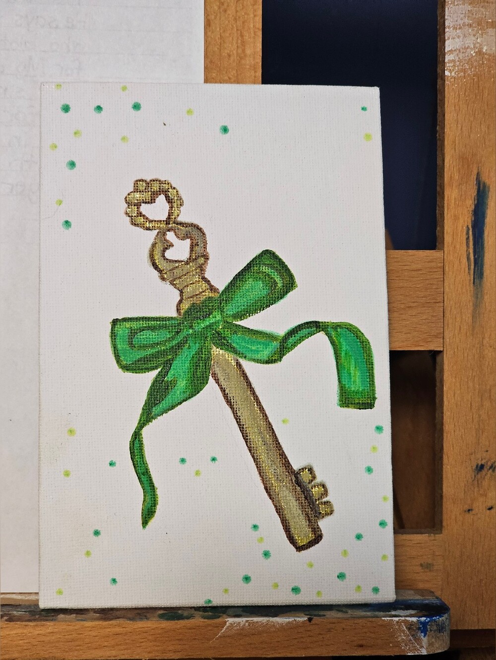 Hand-Painted Gold Key Wall Art with Green Ribbon - Home Art